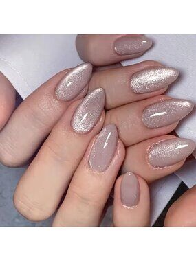 24pcs Nude Cat‑Eye Glitter Press‑On Nails – Long Almond Shape, Salon‑Quality